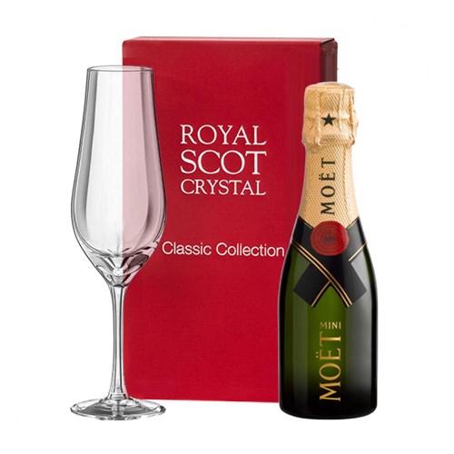 Mini Moet And Chandon Brut Champagne 20cl and Royal Scot Classic Collection Flute In Red Gift Box